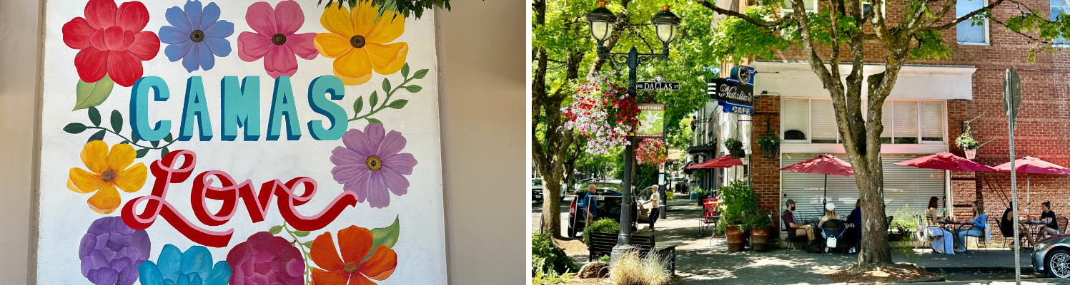 Left: Camas Love Mural painted by a local resident. Right: On the corner of 4th and Dallas, diners enjoy outdoor seating under the shade of trees and meals from Natalia’s Café, located in a historic building. Photos by Downtown Camas Association.