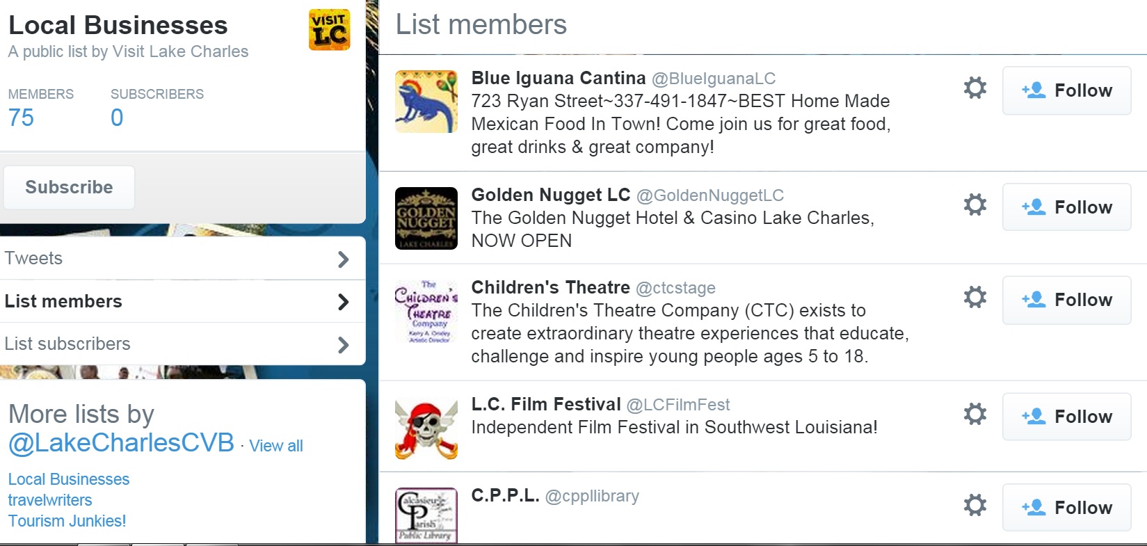 Lake Charles CVB local businesses Twitter List