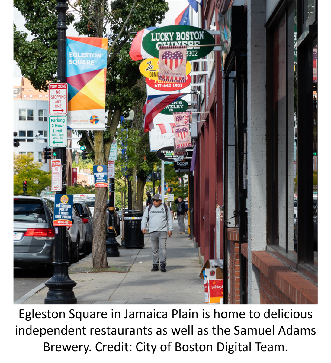 Egleston Square in Jamaica Plain is home to delicious independent restaurants as well as the Samuel Adams Brewery. Credit: City of Boston Digital Team.