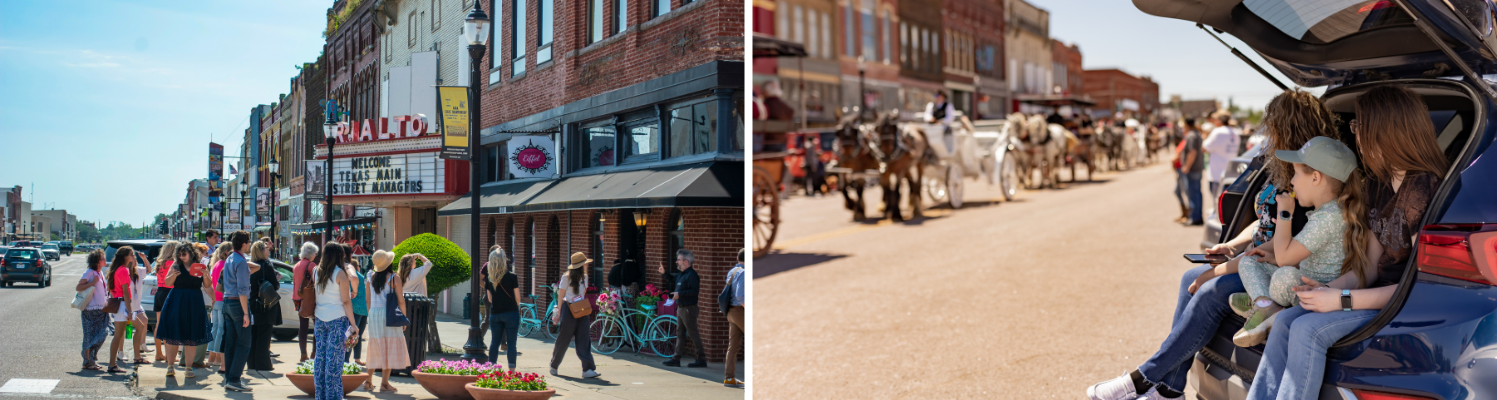 Left: Downtown revitalization professions admire Downtown Denison’s historic buildings during the Texas Main Street Annual training. Photo by Mel Climer – Climer Design. Right: Families enjoy the Doc Holliday Saints and Sinner Festival showcasing Denison’s Old West history and heritage. Photo by HbT Photography.