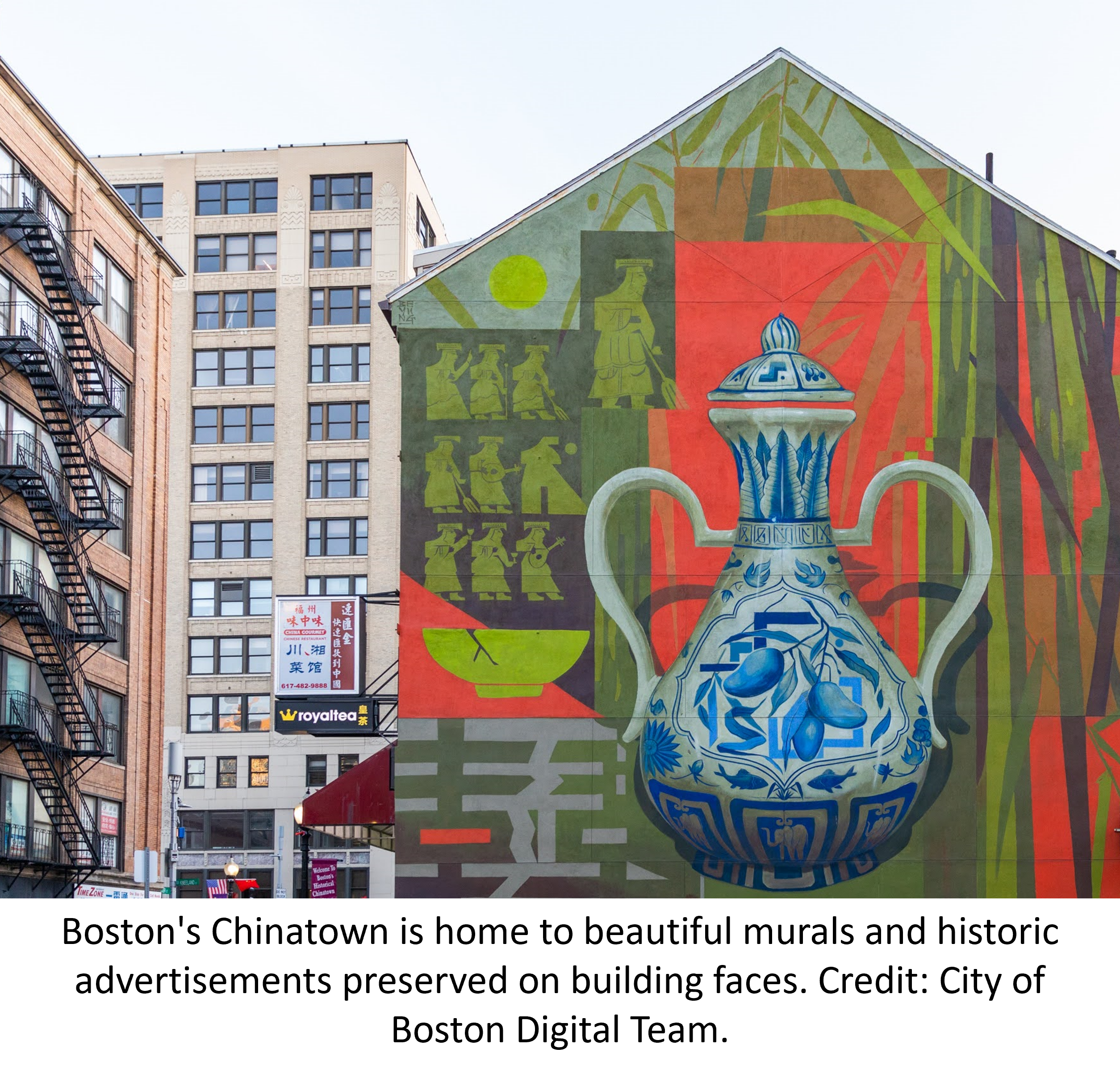 Boston's Chinatown is home to beautiful murals and historic advertisements preserved on building faces. Credit: City of Boston Digital Team.