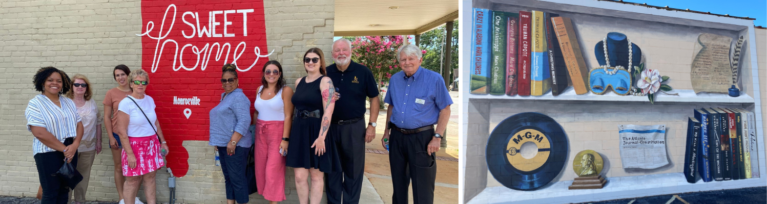 Left: Members of the Montevallo Main Street program pose in front of the Sweet Home mural, painted by Melissa Wasden. Right: Literary Giants mural by Johnna Bush of Grove Hill, Ala., pay tribute to writers from the area. Photos by Monroeville Main Street.