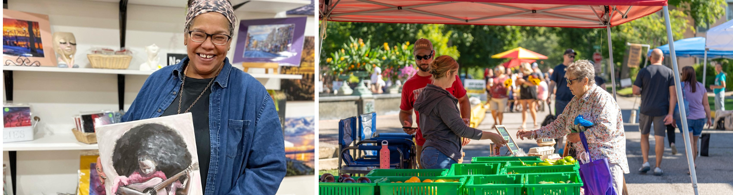 Left: Local artists and photographers like Brenda contribute to the vibrancy of Madison’s creative scene. Photo by Austin Sims. Right: Shoppers stroll through the Madison Farmers Market. Photo by Bill Jones with Wonderland Studios.