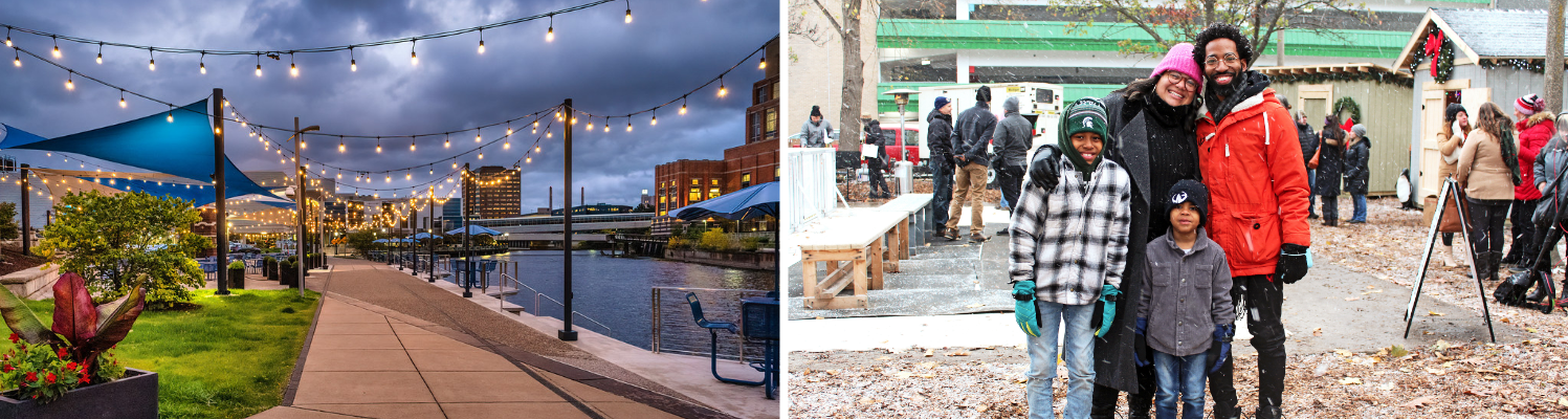 Left: A micro-beach, lighting, and outdoor seating create an inviting space at the restored Rotary Park. Right: Families enjoy the Kringle Holiday Market. Photo by Downtown Lansing Inc.