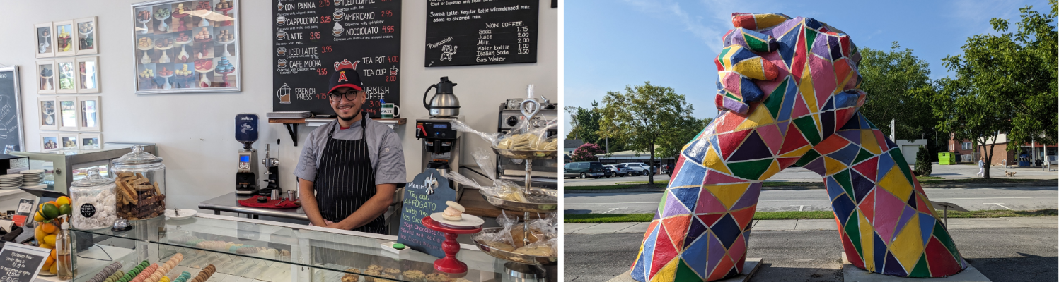 Left: Edwin Rueda, co-owner and chef of Mayte’s Sweets Patisserie and Café, renovated an empty storefront to bring a European-style coffee shop experience to New Bern. Right: Unity Sculpture by Craven Arts Council. Photos by Swiss Bear, Inc.