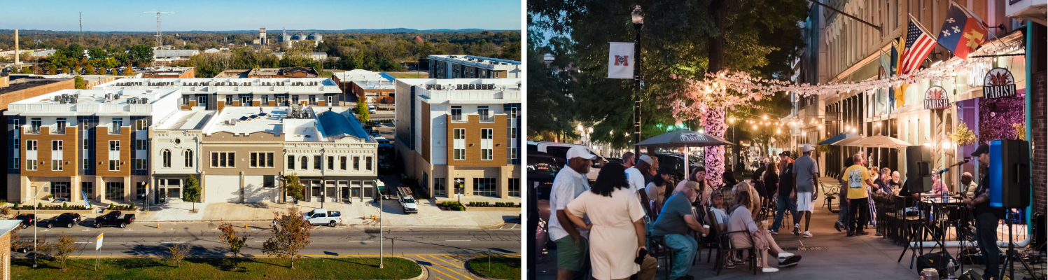 Left: The historic Capricorn Studios building, saved from demolition by NewTown Macon and rehabilitated by Mercer University in 2019. Photo by NewTown Macon. Right: Live music can be found every night of the week in downtown Macon, including on sidewalk patios and cafes. Photo by Jessica Whitley Photography.
