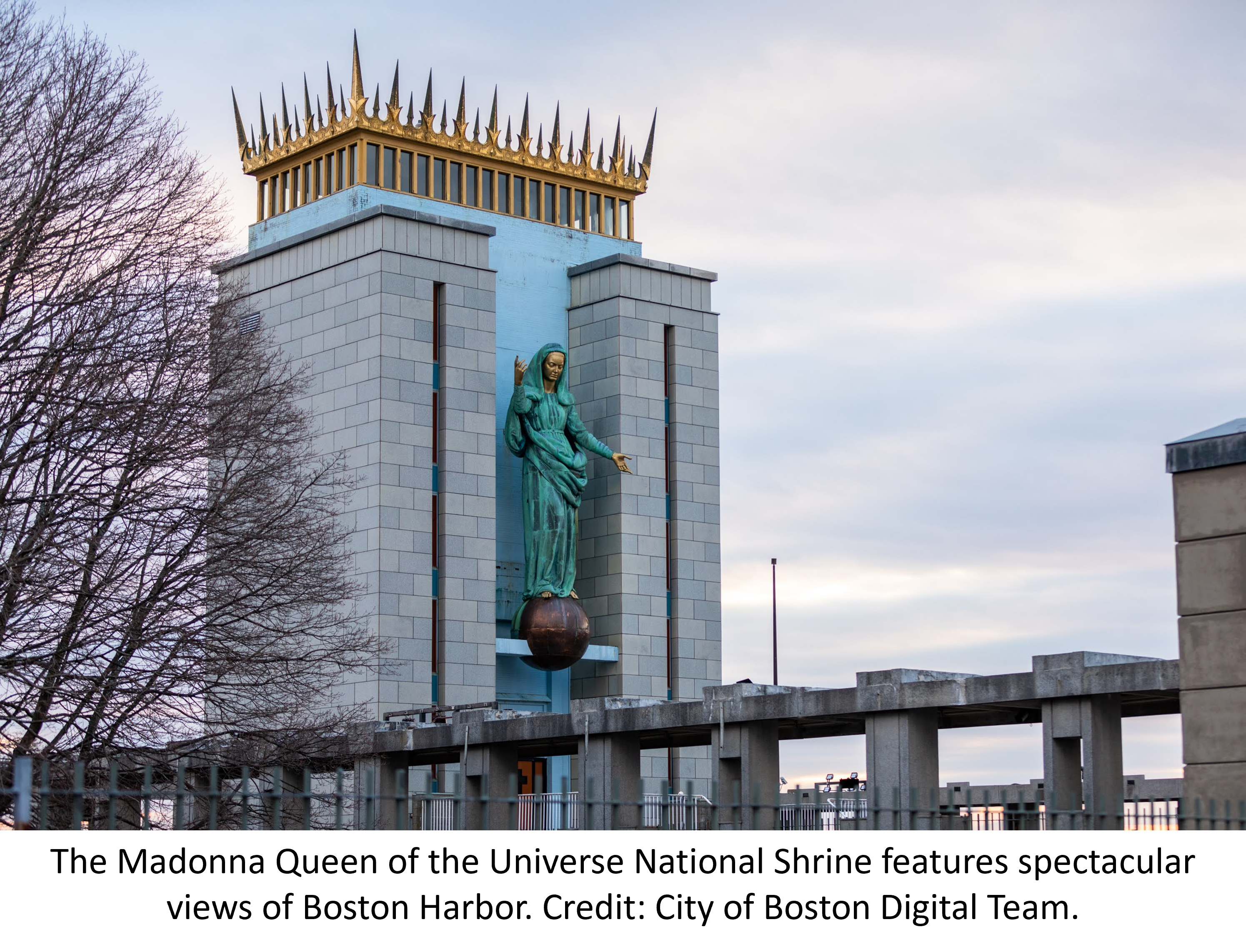The Madonna Queen of the Universe National Shrine features spectacular views of Boston Harbor. Credit: City of Boston Digital Team.