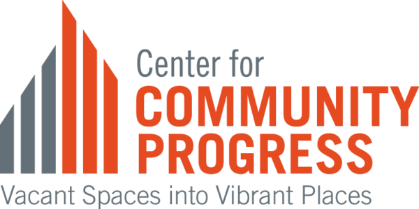 Logotipo en naranja y gris que dice: Center for Community Progress: Vacant Spaces into Vibrant Places