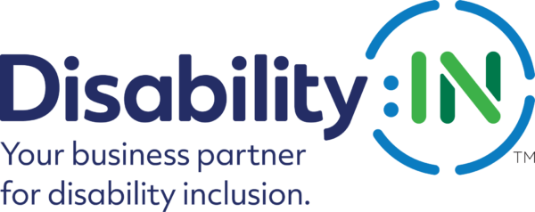Lectura del logotipo de Disability:IN, "Disability:IN su socio empresarial para la inclusión de la discapacidad"