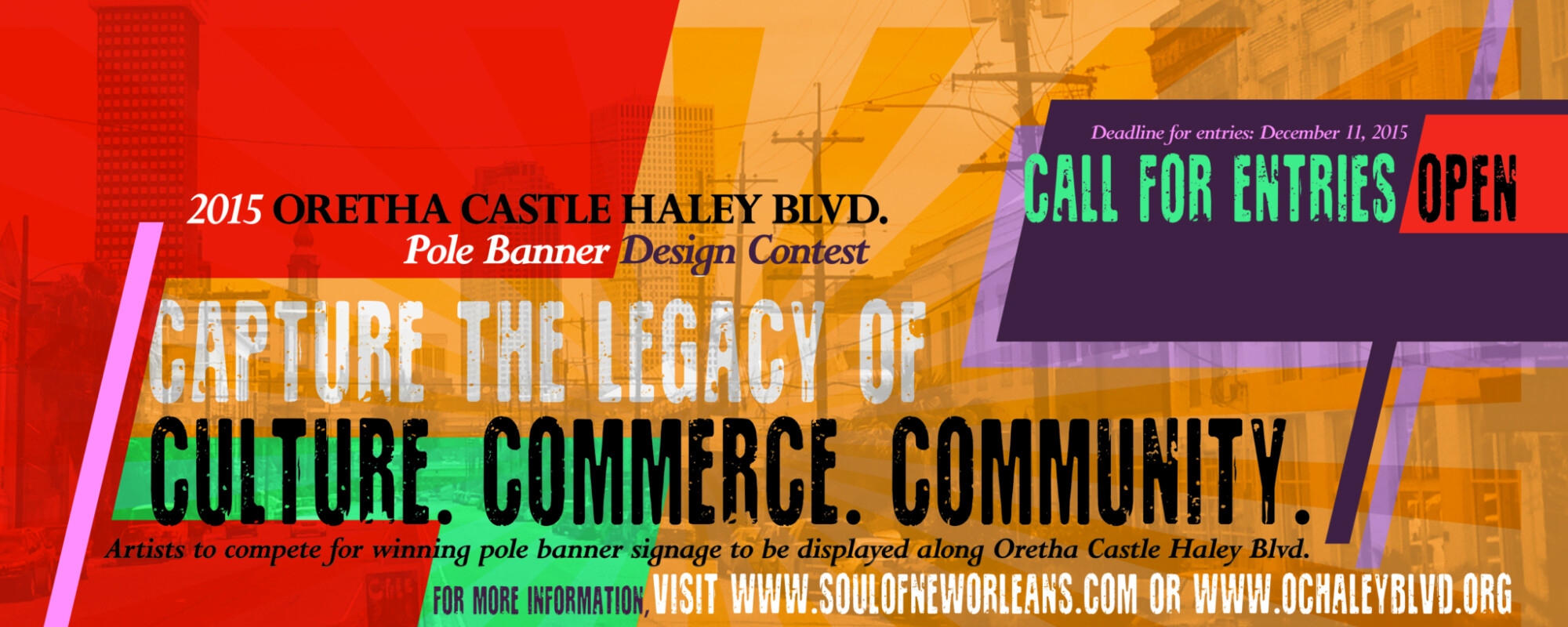 Brightly colored graphic promoting the call for entries for the 2015 Oretha Castle Haley Blvd. pole banner design contest.