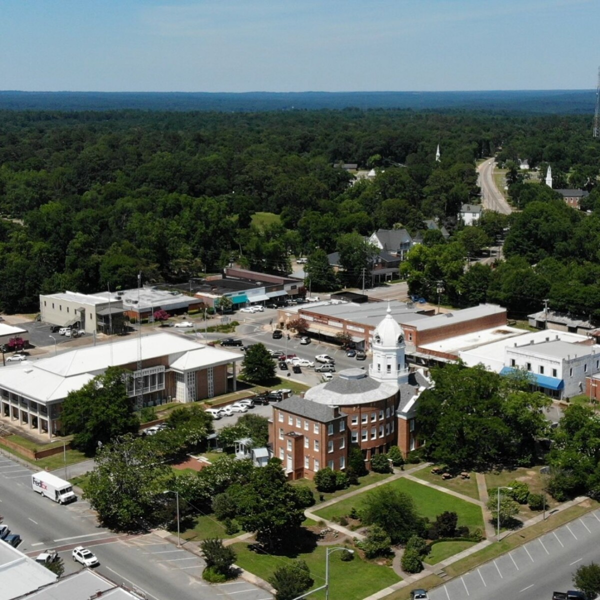 Aerial view of the Monroeville Courthouse Square.