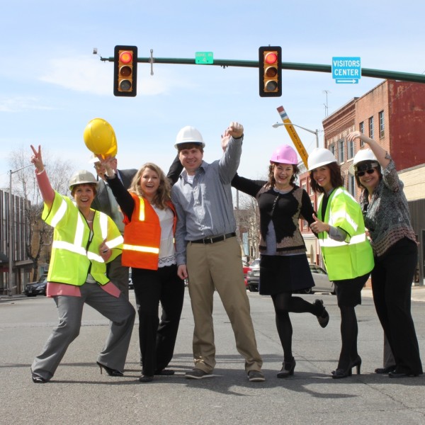 Volunteers in hard hats in Downtown Wytheville Inc.
