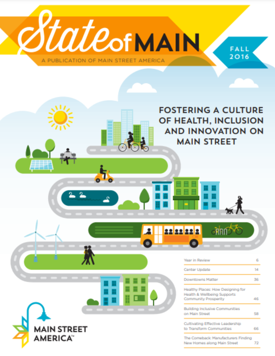 2016 State of Main cover featuring a graphic of a city with roads, buildings, cars, and parks