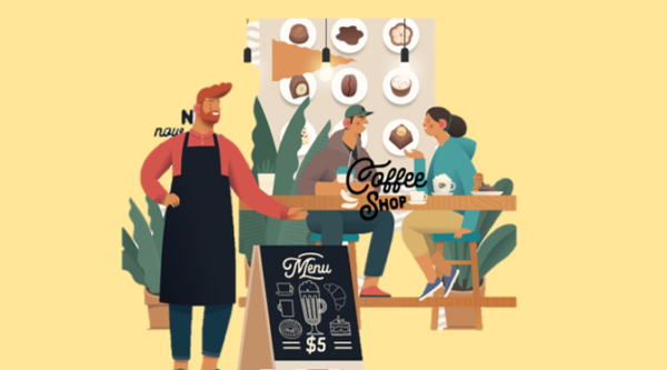Ilustración de personas en una cafetería