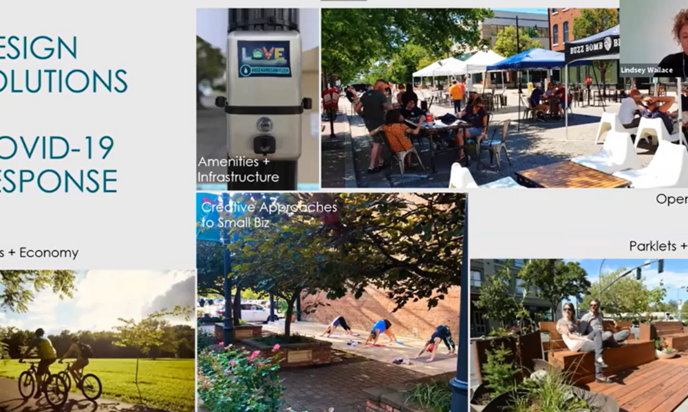 Captura de pantalla de un seminario web en el que se muestra un collage de soluciones de diseño de exteriores, incluidos carriles bici, restaurantes al aire libre y parklets.