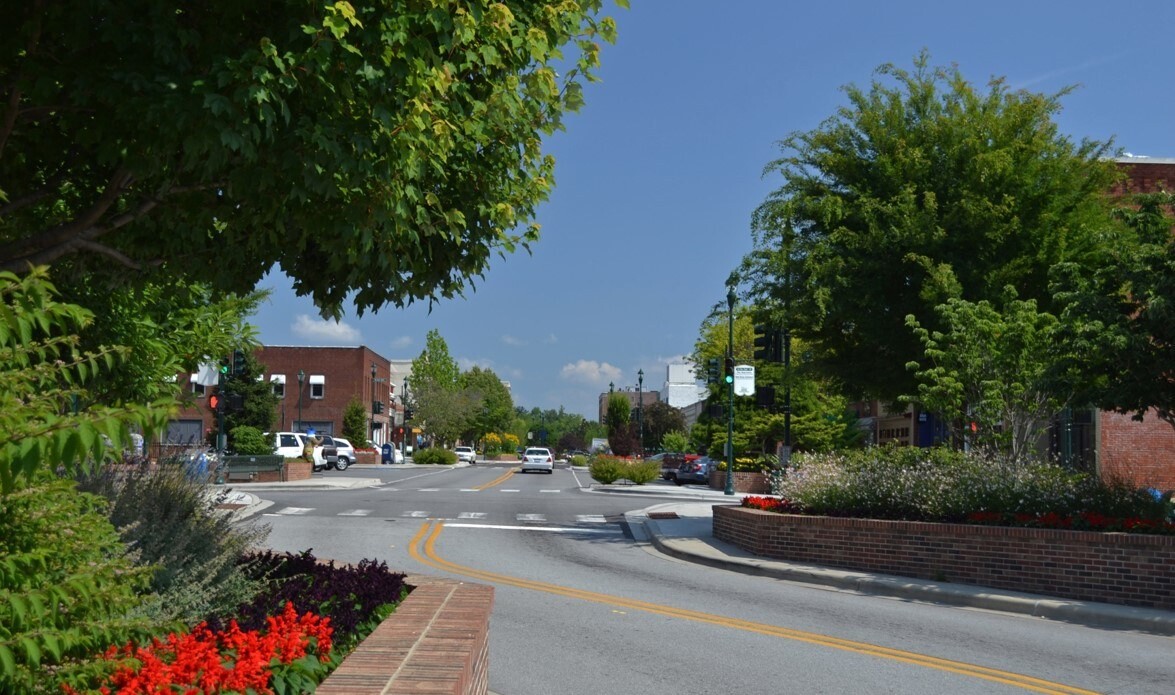 Traffic calming measures in Hendersonville including serpentine road and plants lining road.