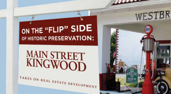 Ilustración de un cartel inmobiliario delante de una casa. La otra cara de la moneda de la conservación histórica: Main Street Kingwood.