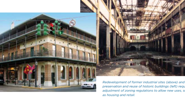 Collage que muestra el interior y el exterior de un edificio céntrico de uso mixto