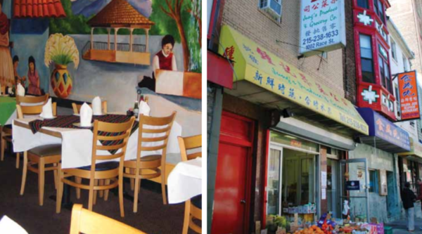Downtown restaurants decorated with cultural art and featuring signs in different languages