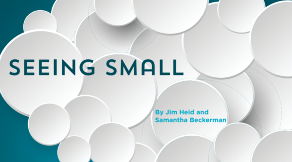 Gráfico con muchas burbujas pequeñas superpuestas en una nube. El texto dice "ver pequeño, por Jim Heid y Samanthan Beckerman".