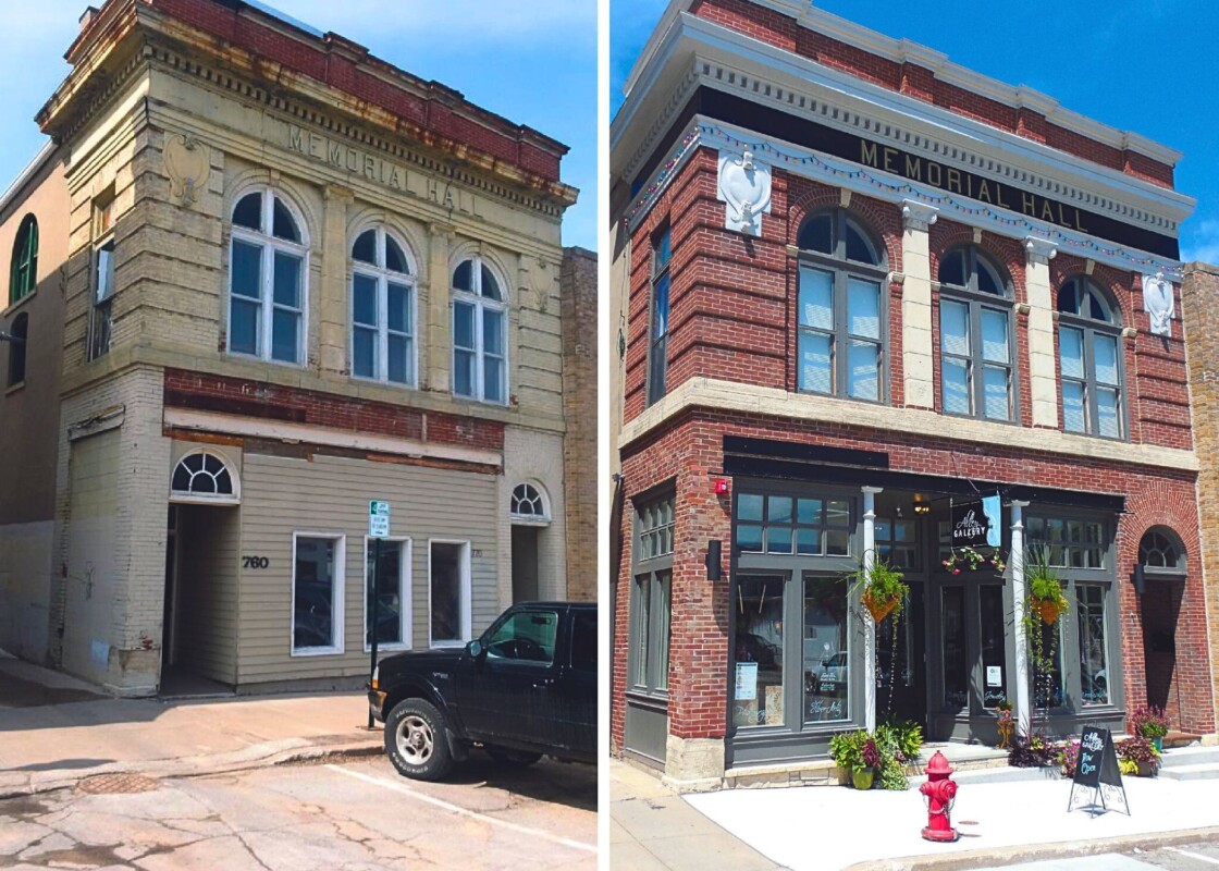Historic building before (left) and after (right) adaptive reuse renovations.