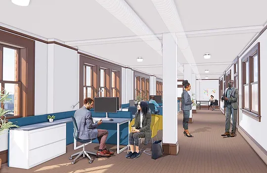Illustrated rendering of an interior flexible office space with people engaged in conversation.