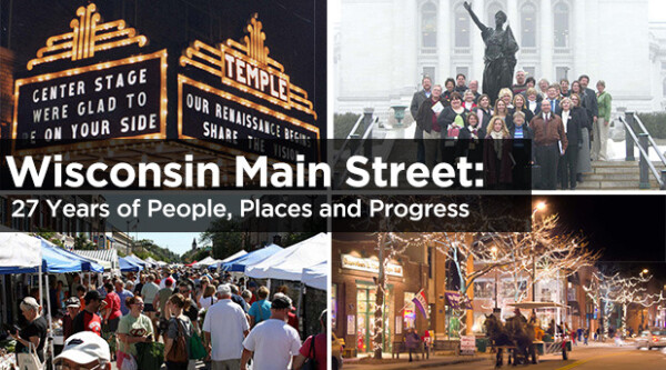Grid of four photos. From top left to top right: Lit-up historic marquee, group of people posing in front of historic building. From bottom left to bottom right: Group of people walking through farmers market, downtown scene lit up with holiday lights