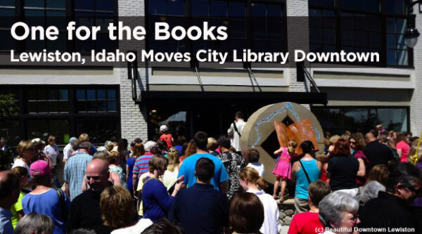 Over 1,000 people awaiting entrance to the Lewiston, Idaho library following a ribbon cutting.