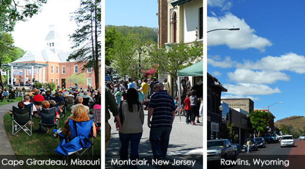 Conjunto de tres fotografías que muestran los centros urbanos de Cape Girardeau (Misuri), Montclair (Nueva Jersey) y Rawlins (Wyoming).