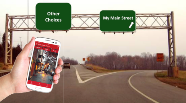 Hand holding phone in front of freeway with two roads, with signs saying, "Other Choices," and "My Main Street."
