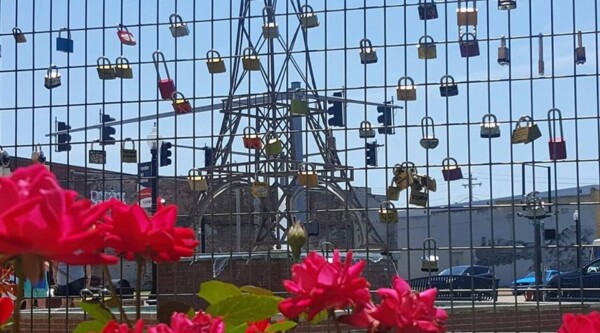 View of the Eiffel Tower fountain through Main Street Paris's new Love Lock Fence. with roses in front.
