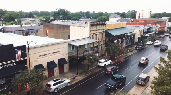 Aerial shot of historic downtown scene on rainy day.