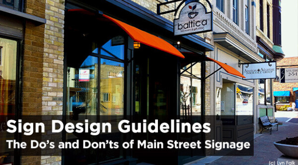 Exterior de los edificios del centro de la ciudad con el texto "Directrices para el diseño de rótulos: Lo que se debe y no se debe hacer en la señalización de la calle principal".