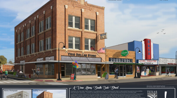 Rendering of historic downtown with brick buildings.