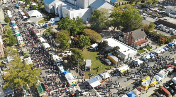 Aerial photograph of a downtown street festival