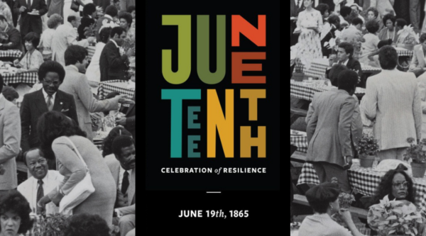 Juneteenth celebration banner featuring archival photographs of Juneteenth celebrations