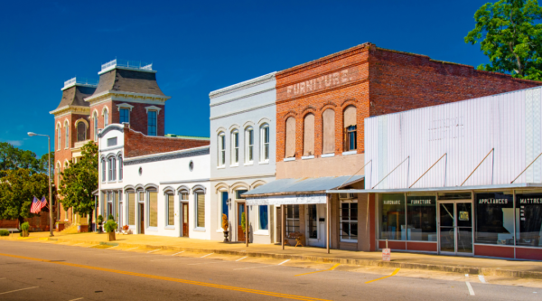 Main Street lined with historic brick buildings