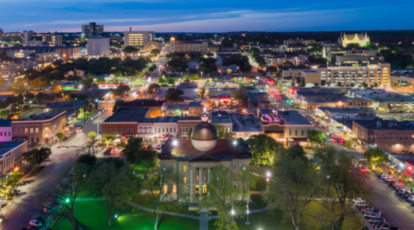 Aerial photograph of San Marcos, Texas, at night