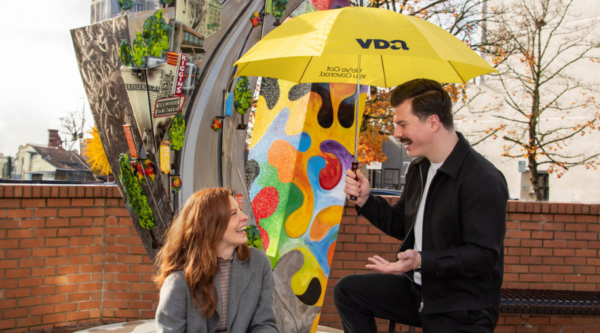 Yellow umbrellas available for visitors to downtown Vancouver.
