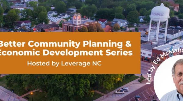 Aerial shot of a small town. Overlaid text reads "Better Community Planning and Economic Development Series, hosted by Leverage NC". In the corner is a headshot of Ed McMahon.