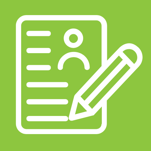 Un cuadrado verde brillante con líneas blancas que representan una solicitud de empleo y un lápiz.